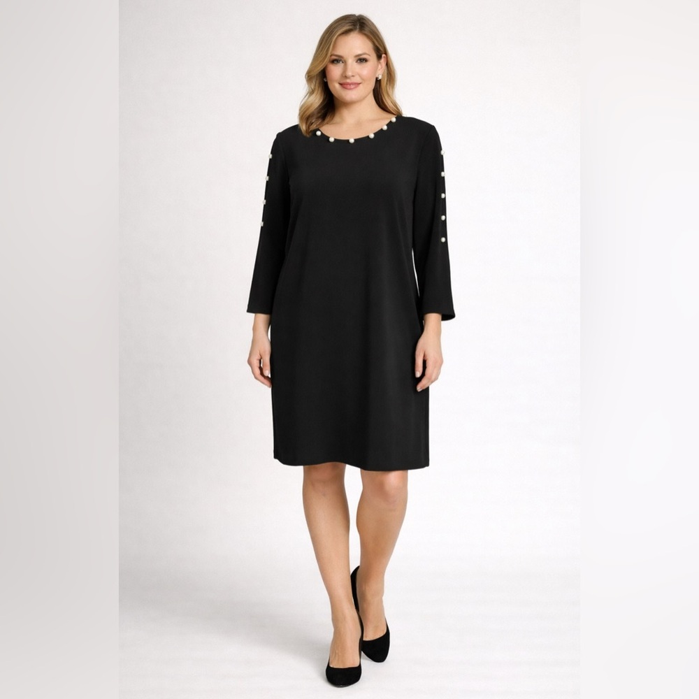MSK Shift Dress XLP Pearl Trim Long Sleeves Stretch Career Church Party NWT
